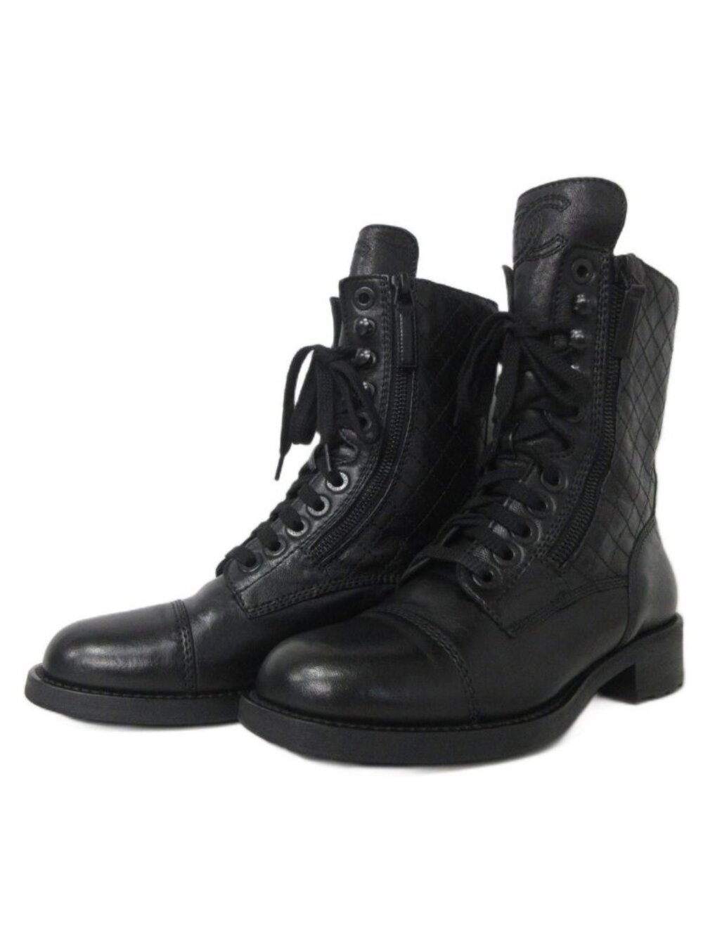 Chanel Quilted CC Logo Lace-up Short Leather Boots Black